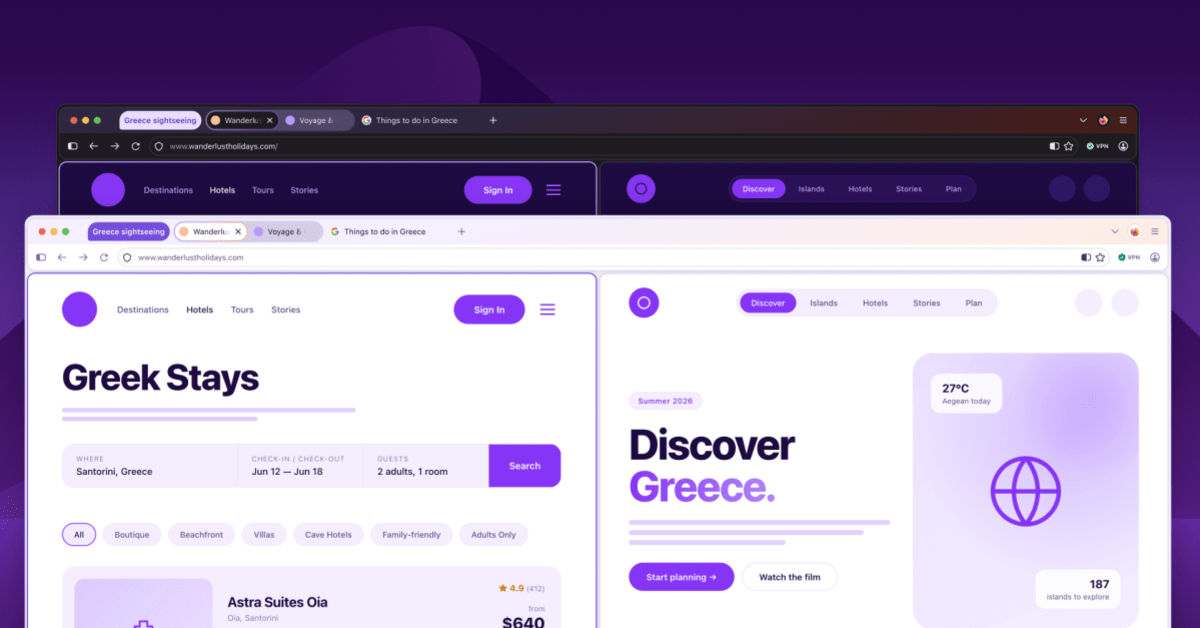 Firefox browser window showing rounded bubble-like tabs and redesigned interface with warm color palette