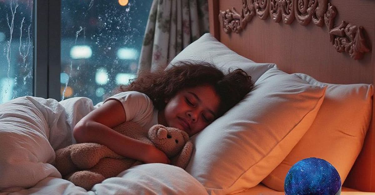 Amazon Echo Glow smart speaker glowing with colorful lights on child's bedside table