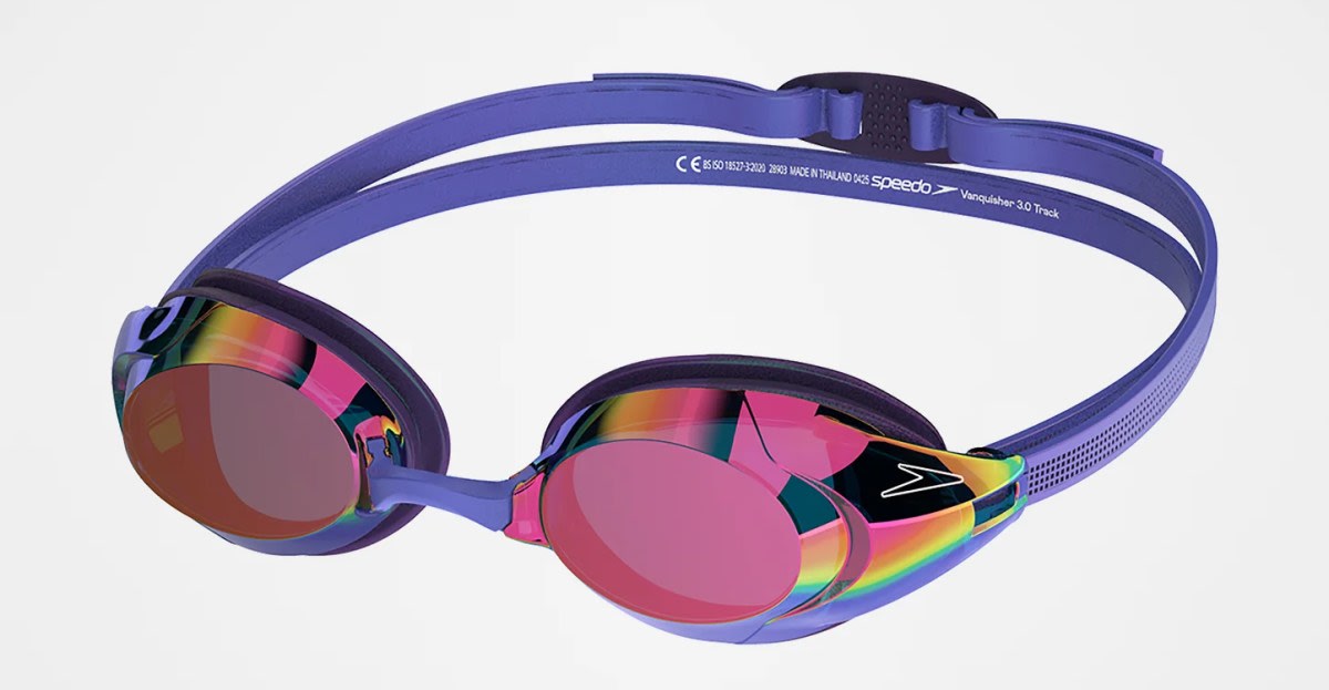 Speedo Vanquisher swimming goggles with removable iQ tracking module attached to side