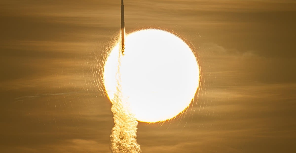 Nancy Grace Roman Space Telescope launching into space on rocket with bright exhaust plume