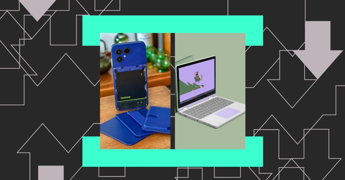 ** Fairphone 6 Plus smartphone with removable back panel showing replaceable internal components and modular design