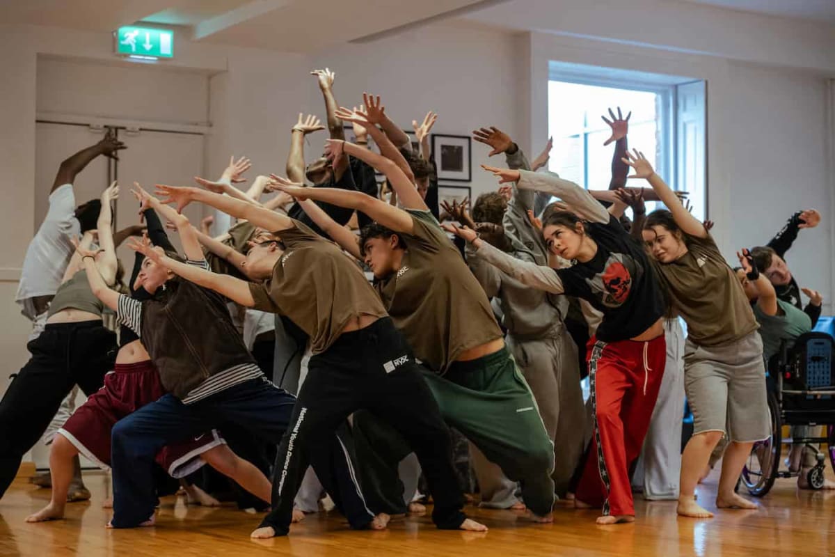 Young diverse dancers rehearsing Memory Keepers production for National Youth Dance Company summer tour