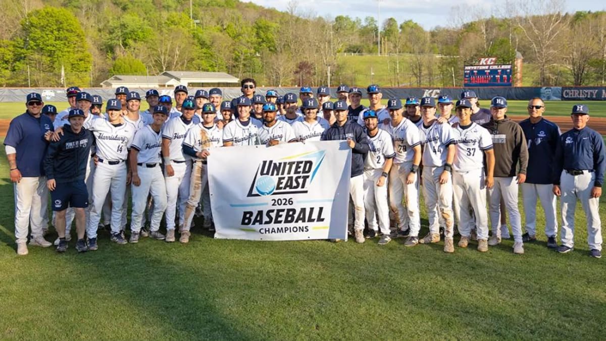 Penn State Harrisburg baseball team celebrates their fifth conference championship title victory
