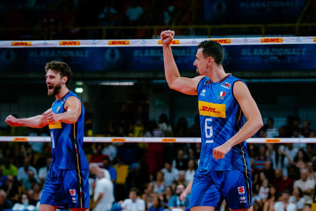 Volleyball players from Italy and Germany competing during their historic record-breaking match in Italy