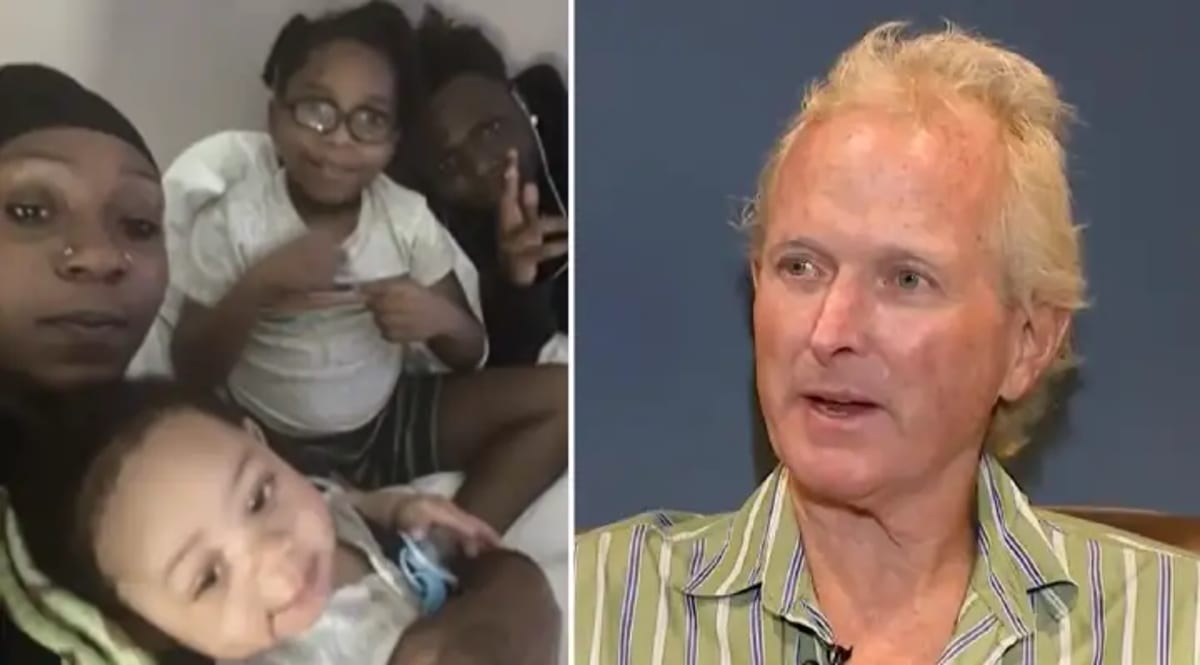 Nina Chambers and Scott Evans side by side in news interview about fire relief donation