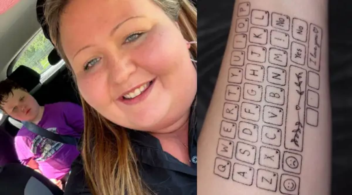 Mother's forearm with tattooed keyboard design while autistic son taps letters to communicate
