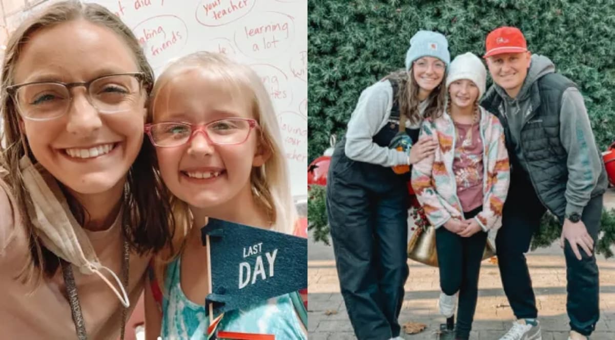 Teacher Lexi McClelland smiling with adopted daughter Mary and baby brother Murphy