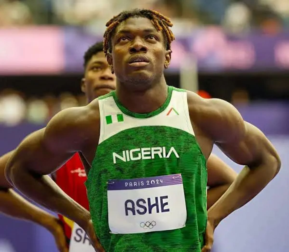Nigerian sprinter Favour Ashe celebrating after winning 100 meter race at Lagos sports complex