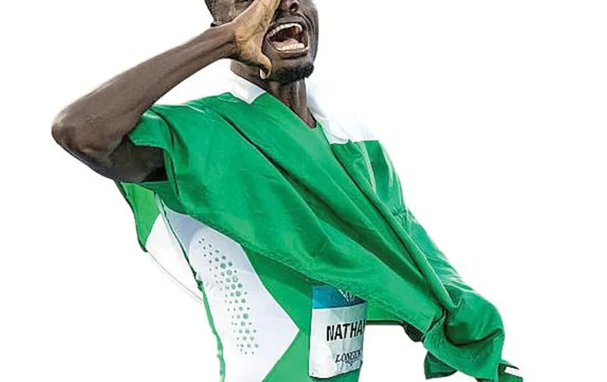 Nigerian athlete Ezekiel Nathaniel celebrating after winning gold medal in 400m hurdles at Commonwealth Games