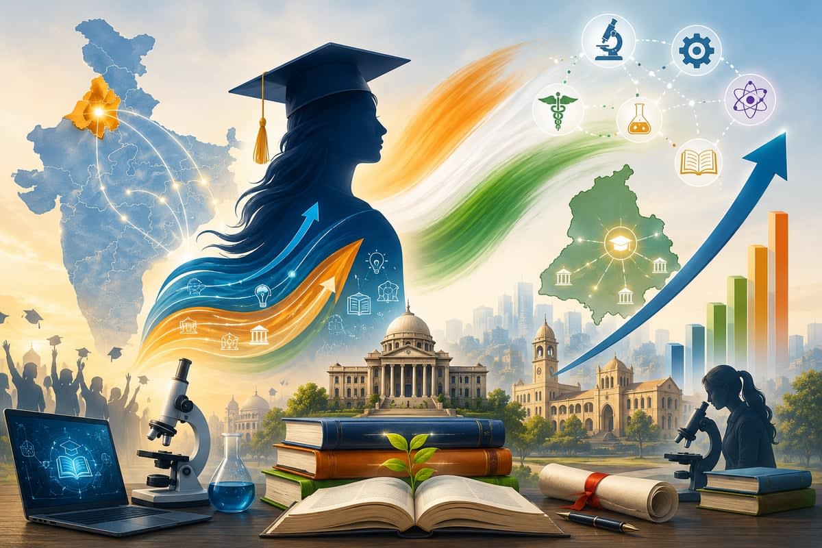Indian female college students celebrating with books and diplomas in modern university setting