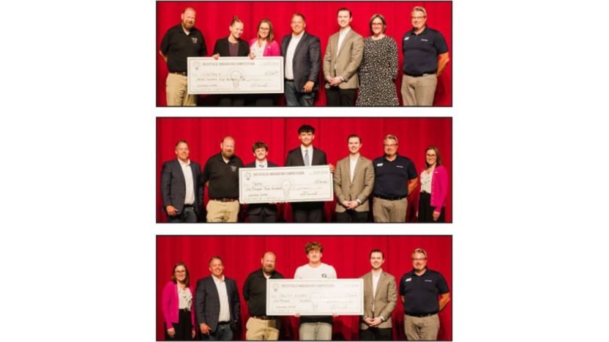 Three winning student teams from Westfield High School Innovation Competition holding award certificates