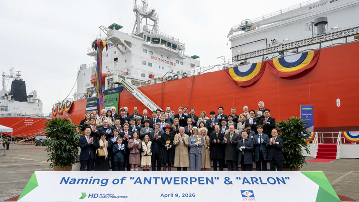 Large ammonia-powered cargo ship Antwerpen docked at South Korean shipyard before maiden voyage