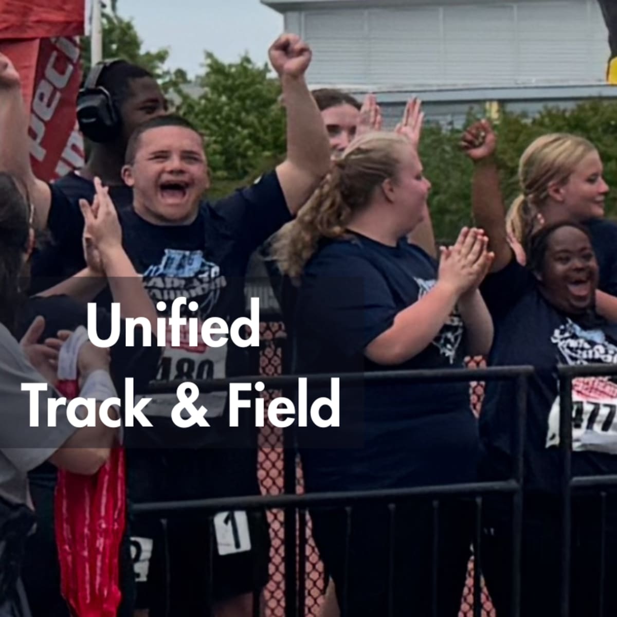 Unified track and field team celebrating state championship victory together on podium