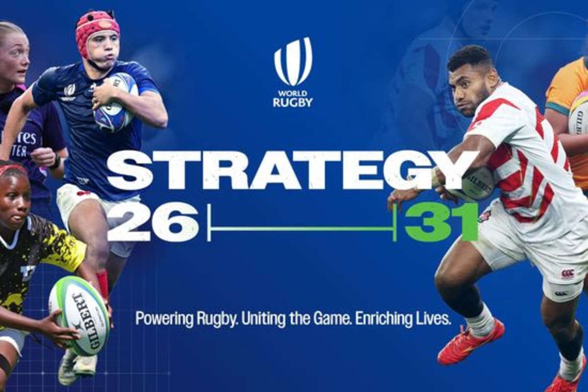 Rugby players competing in international match with World Rugby strategy announcement overlay