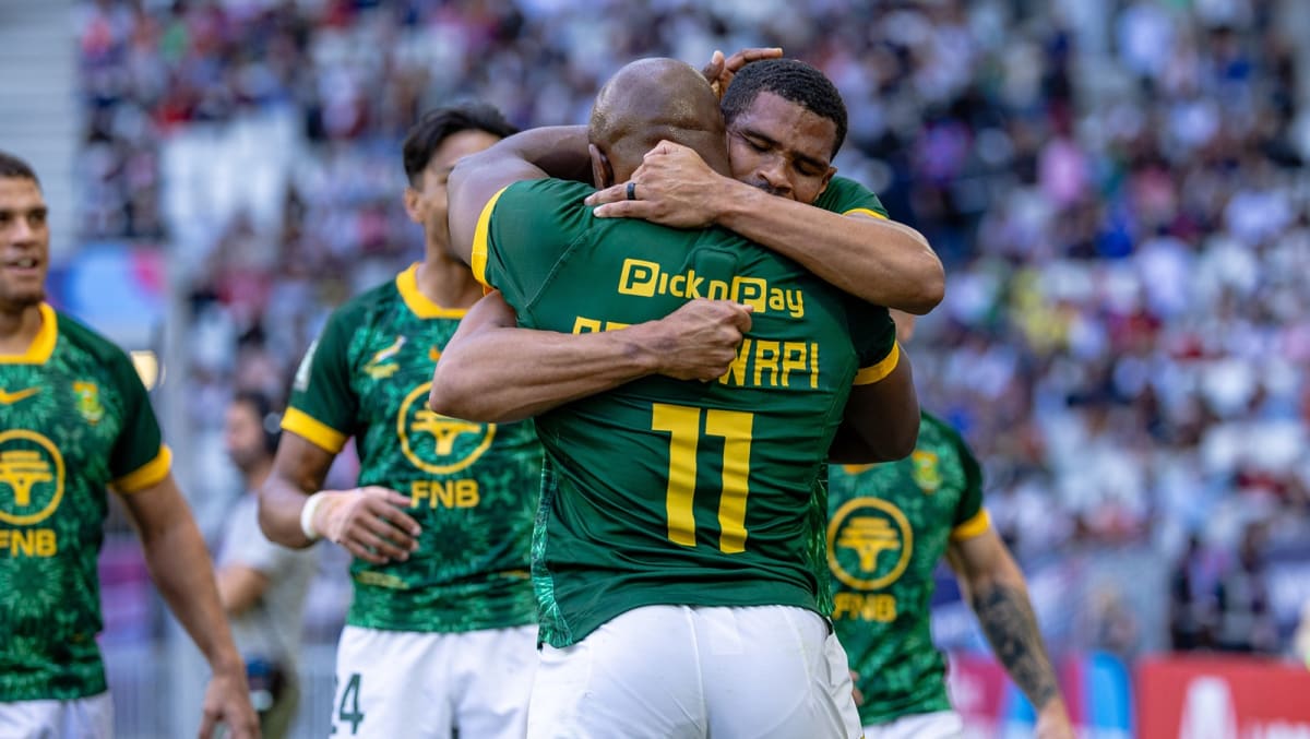 South African Blitzboks rugby sevens team celebrating championship victory in Bordeaux France