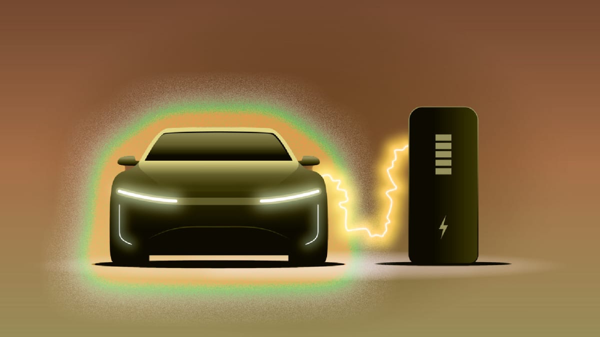 Modern electric vehicle charging on street in India with city skyline background