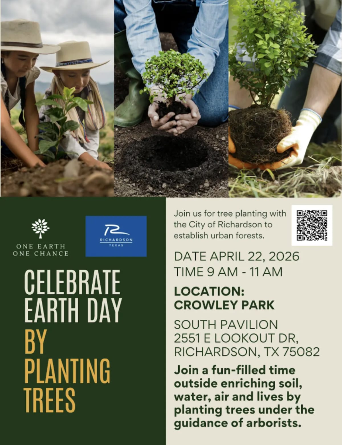 Volunteers digging and planting young trees together at community park event