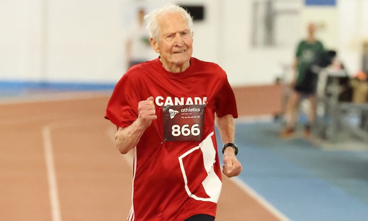 Ninety-seven-year-old Earl Fee racing on indoor track at Toronto athletics meet