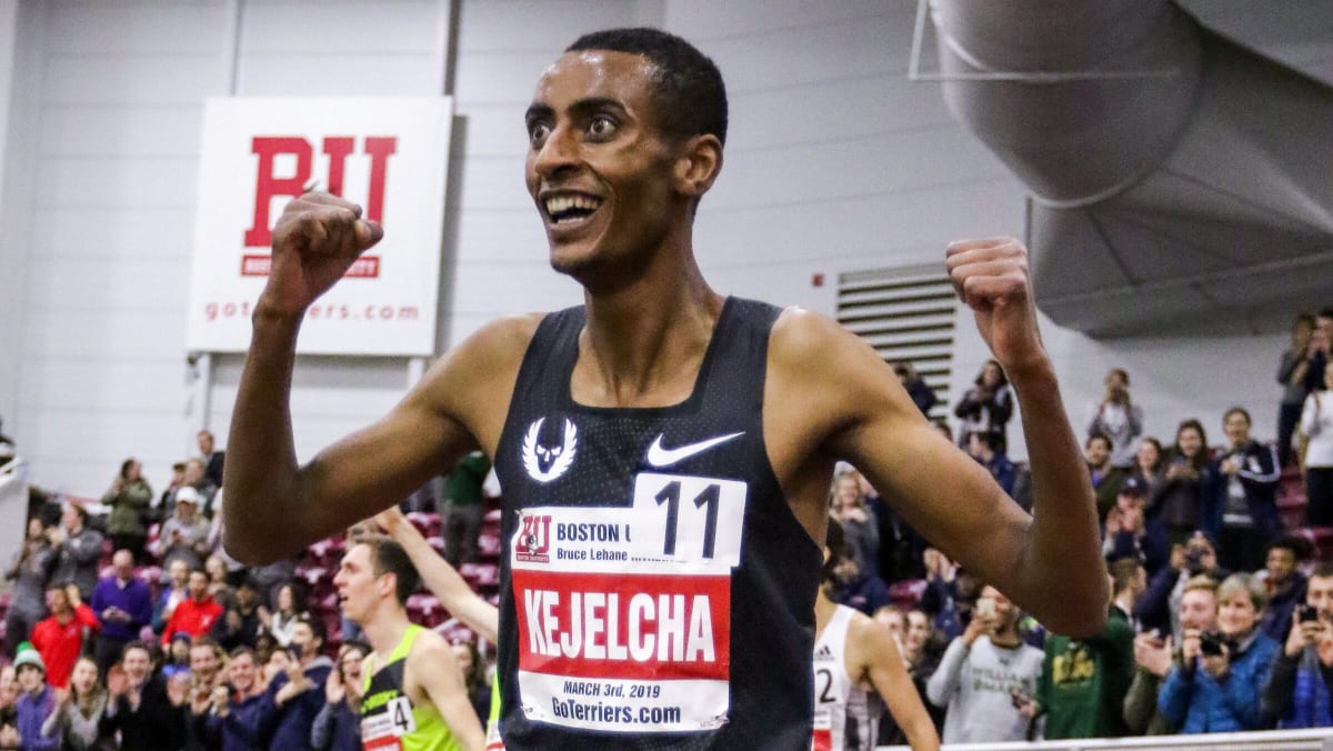 Ethiopian distance runner Yomif Kejelcha racing in professional competition on road course