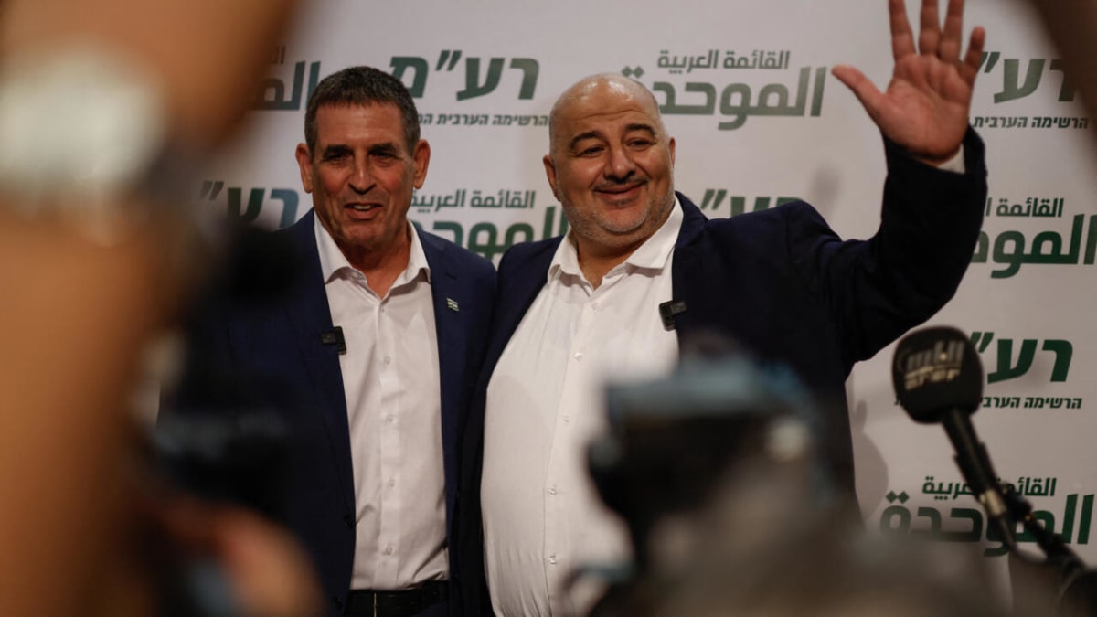 Mansour Abbas and Yoav Segalovitz standing together at news conference in Nazareth