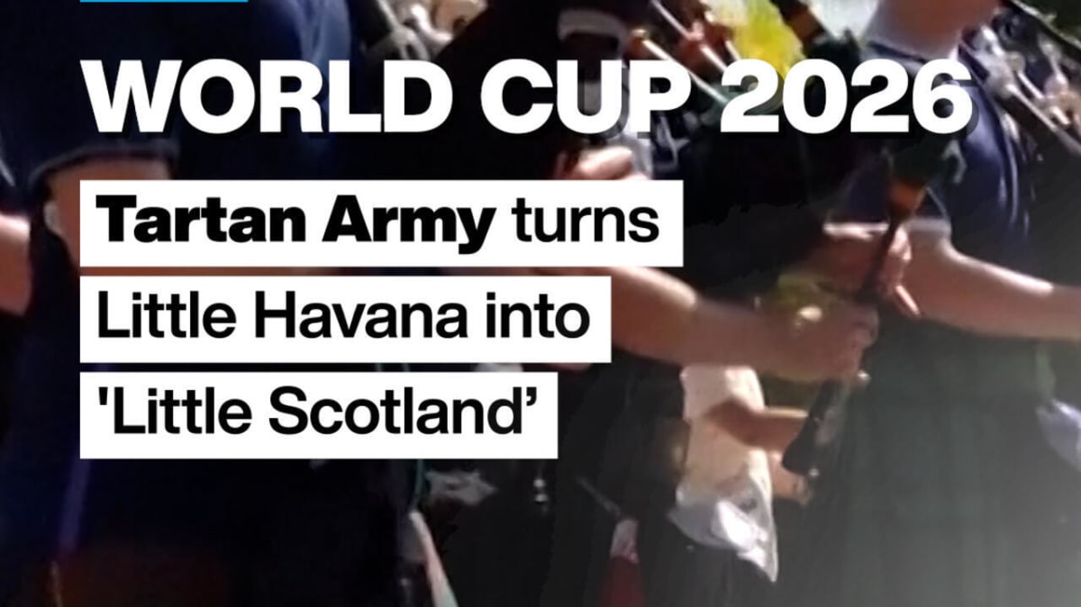 Scottish soccer fans in kilts march with bagpipes through Miami's Little Havana neighborhood