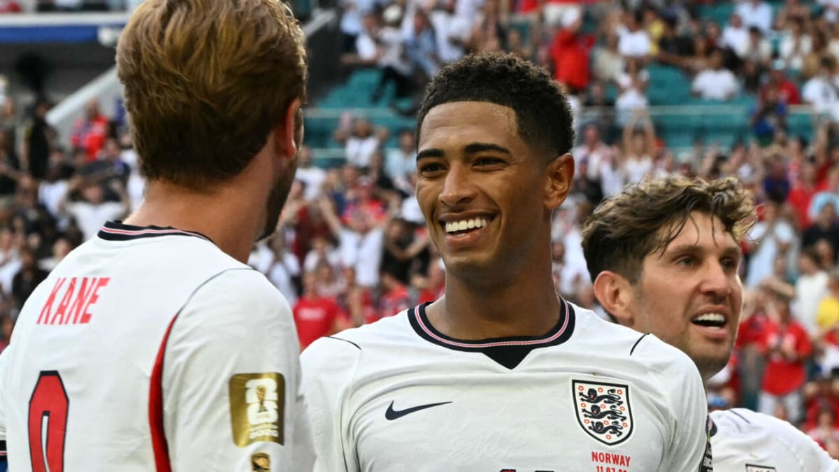 Jude Bellingham celebrating in England jersey during World Cup quarterfinal match against Norway