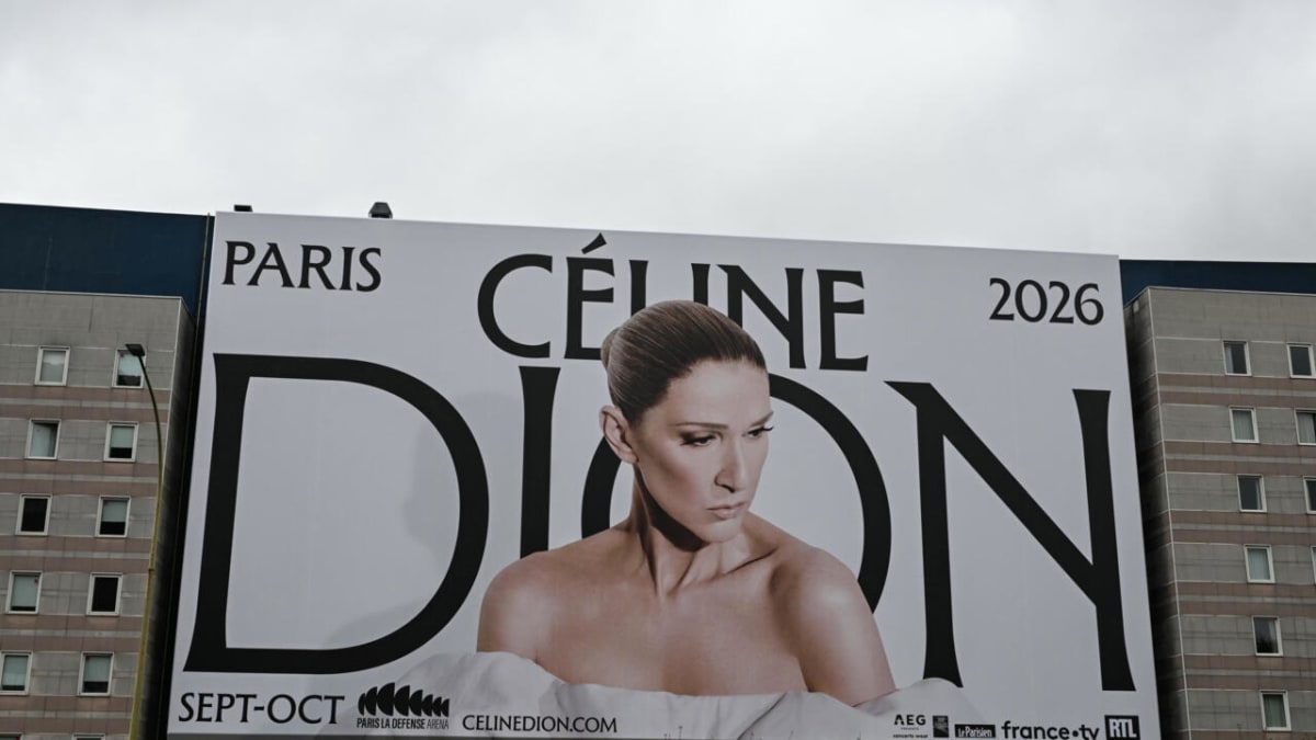 Céline Dion performing on stage with the Eiffel Tower illuminated in the background
