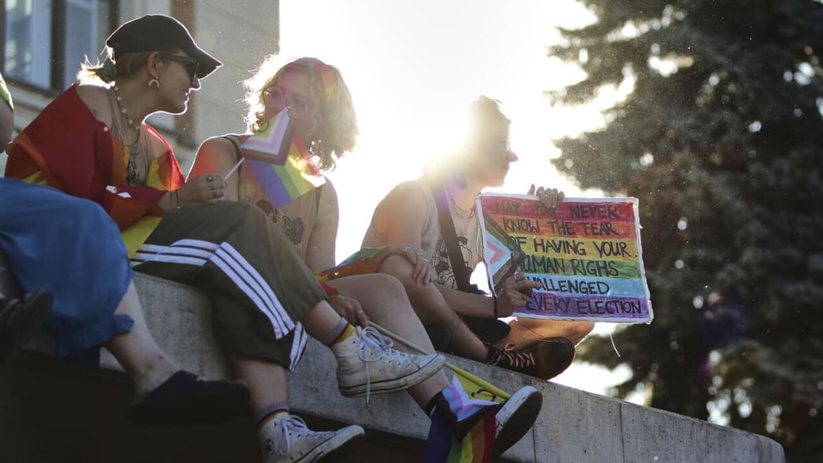 ** Large crowd of people holding rainbow flags and signs at Budapest Pride march
