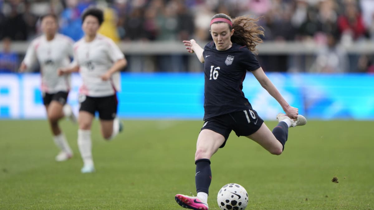 Rose Lavelle celebrating after scoring goal in Team USA jersey against Japan at PayPal Park