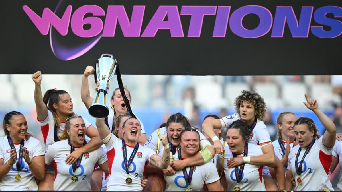 England women's rugby team celebrating with trophy after winning 2026 Six Nations Championship in Bordeaux