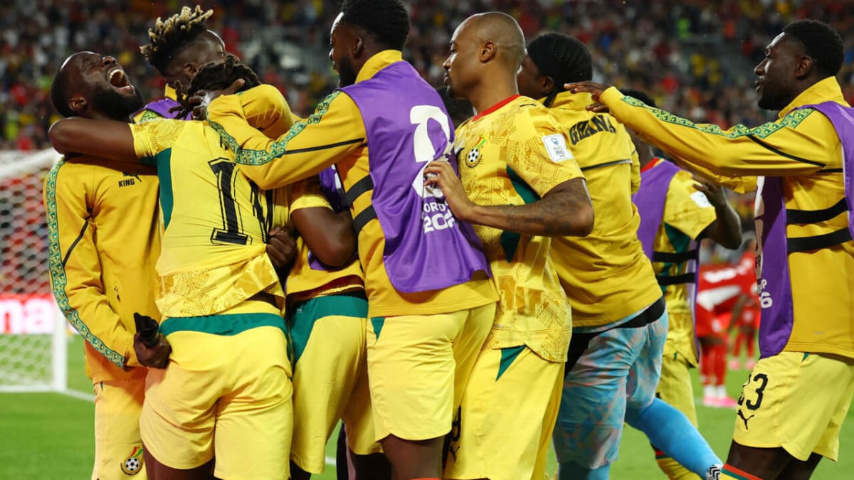 Ghana players celebrate together after scoring dramatic stoppage time winning goal against Panama