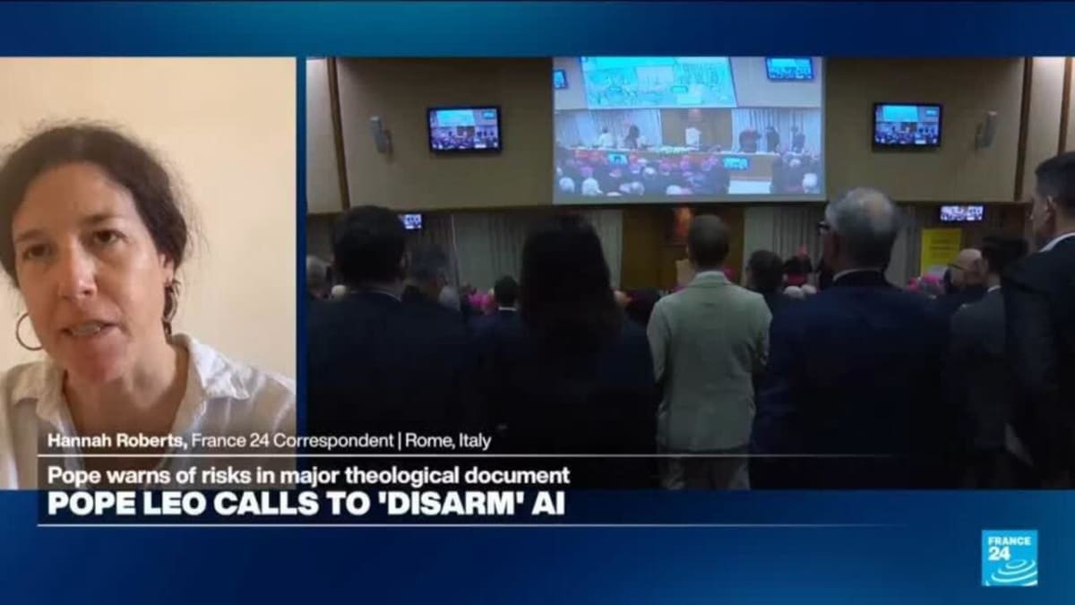 Pope Leo XIV presenting his first encyclical with AI researcher at Vatican event