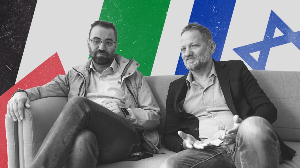 ** Aziz Abu Sarah and Maoz Inon sitting together during interview at France 24 studio