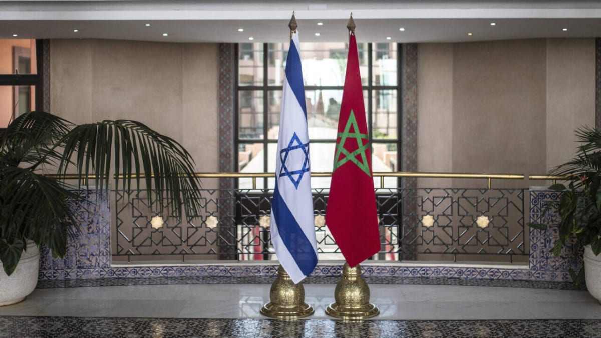 Moroccan and Israeli flags displayed together at diplomatic meeting in New York
