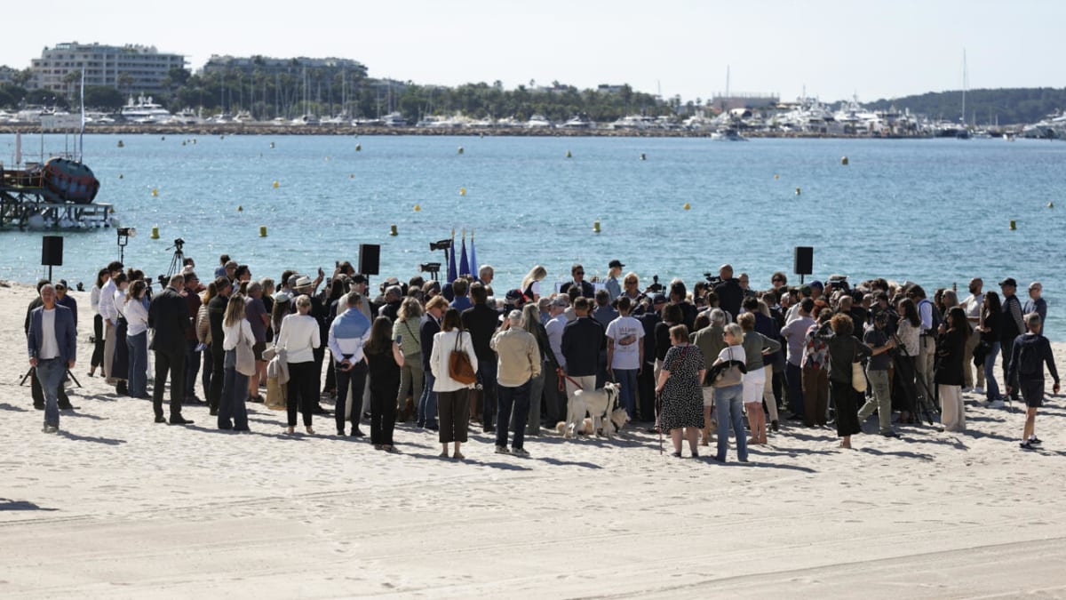 Cannes beachfront with the Majestic hotel in background during Brigitte Bardot Beach naming ceremony