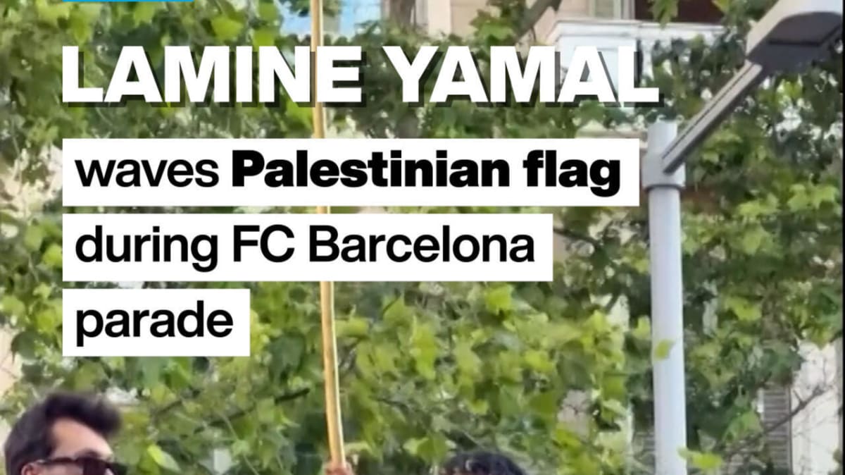 ** Barcelona striker Lamine Yamal holding Palestinian flag during La Liga title celebration parade with fans