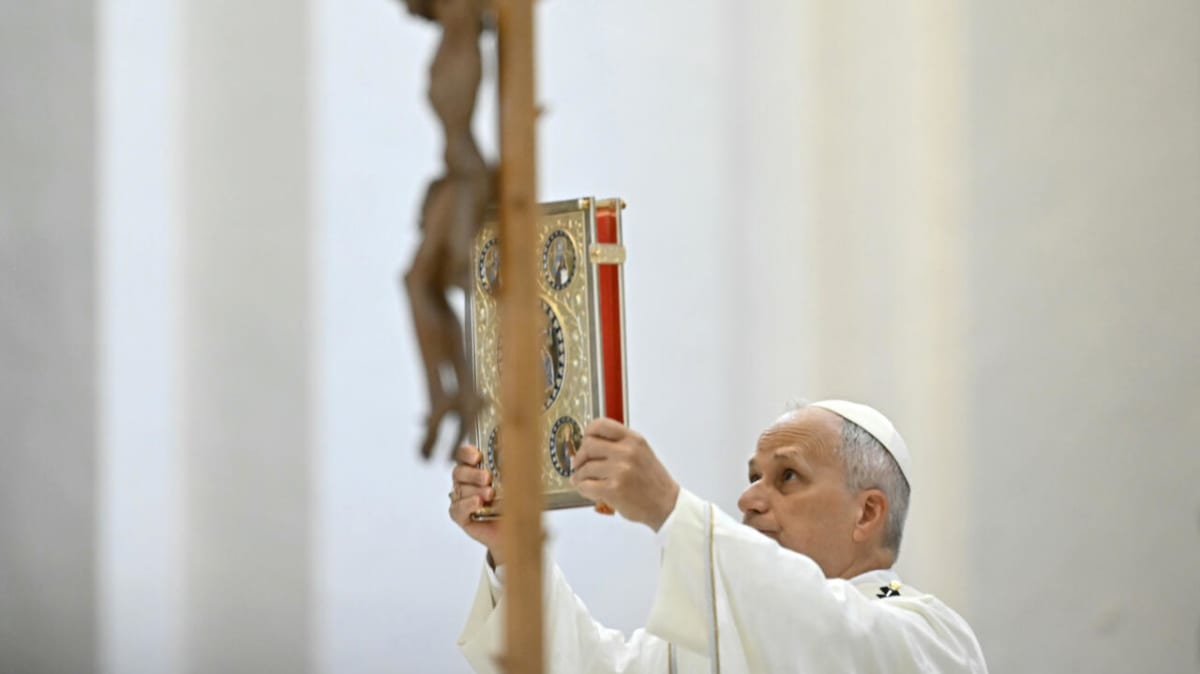 Pope Leo XIV celebrating Mass at basilica, showing commitment to addressing Church challenges