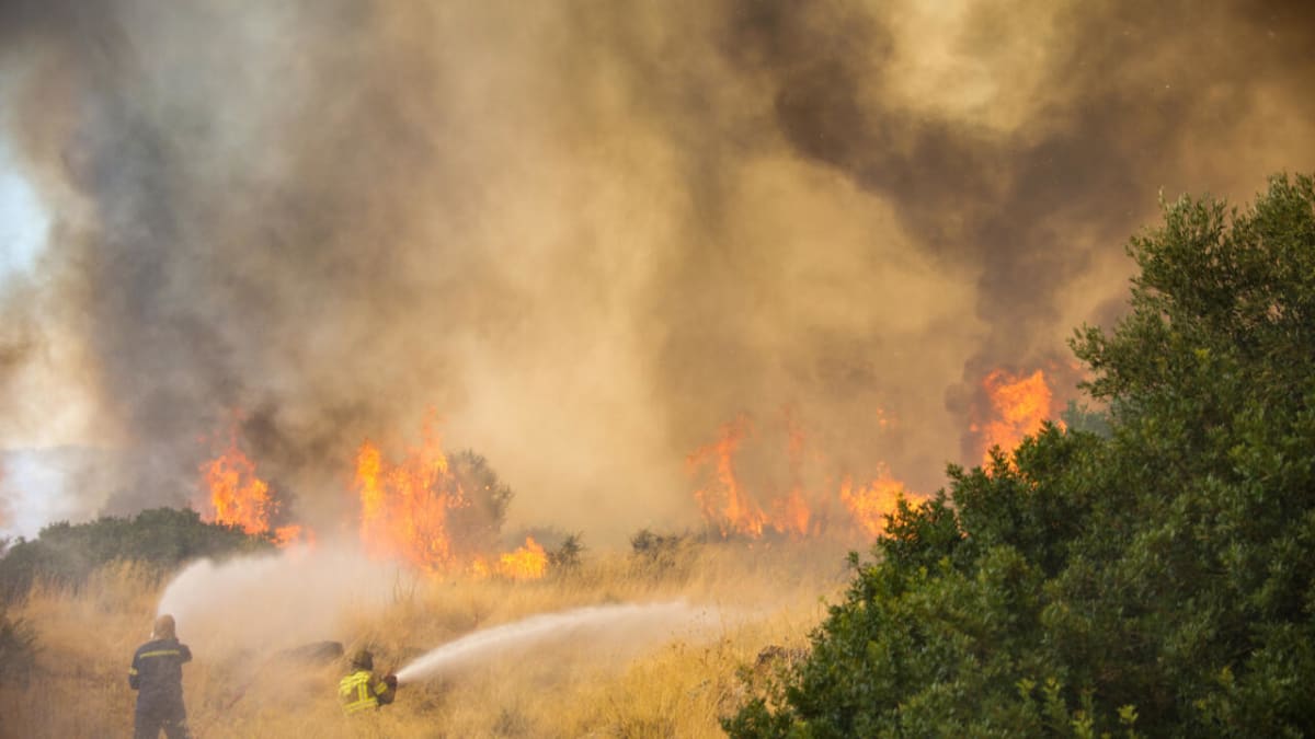 ** Water-bombing aircraft flying over scorched Greek hillside as firefighters work below to contain wildfire