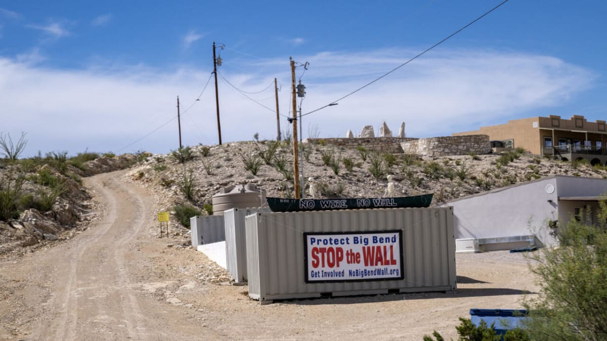 Protest sign on road leading to Big Bend National Park in southern Texas
