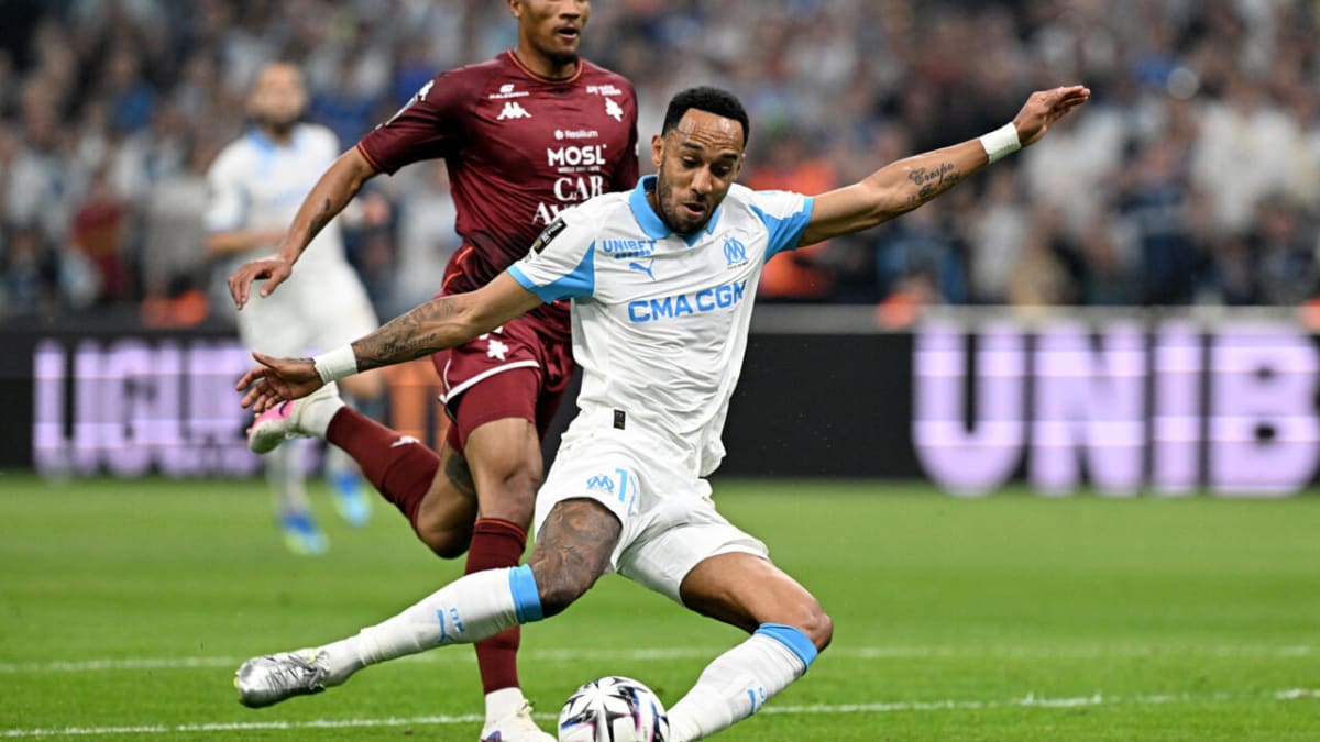 Pierre-Emerick Aubameyang celebrating after scoring goal for Marseille against Metz in Ligue 1 match
