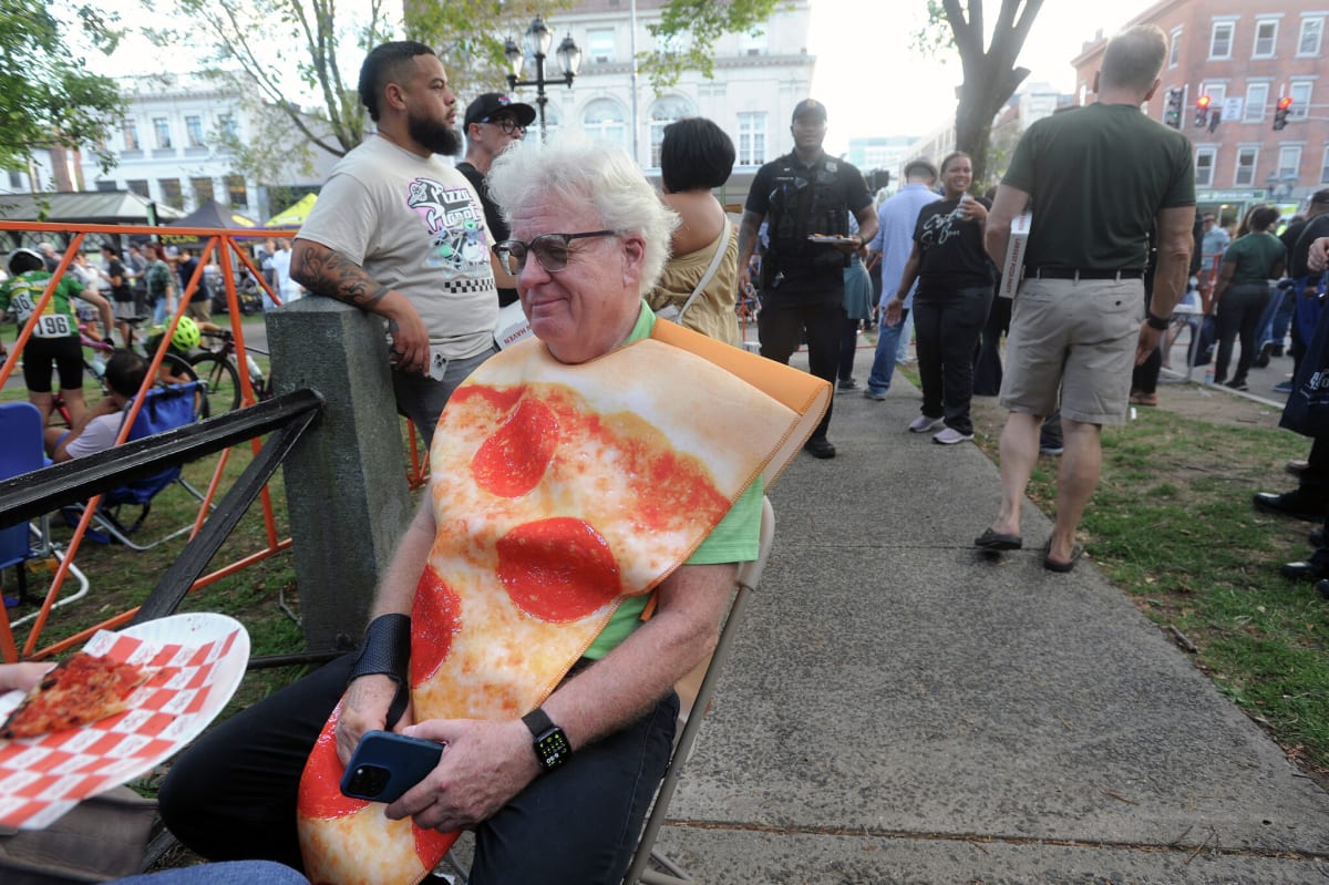 People in pizza costumes gathered on New Haven Green for Guinness World Record attempt