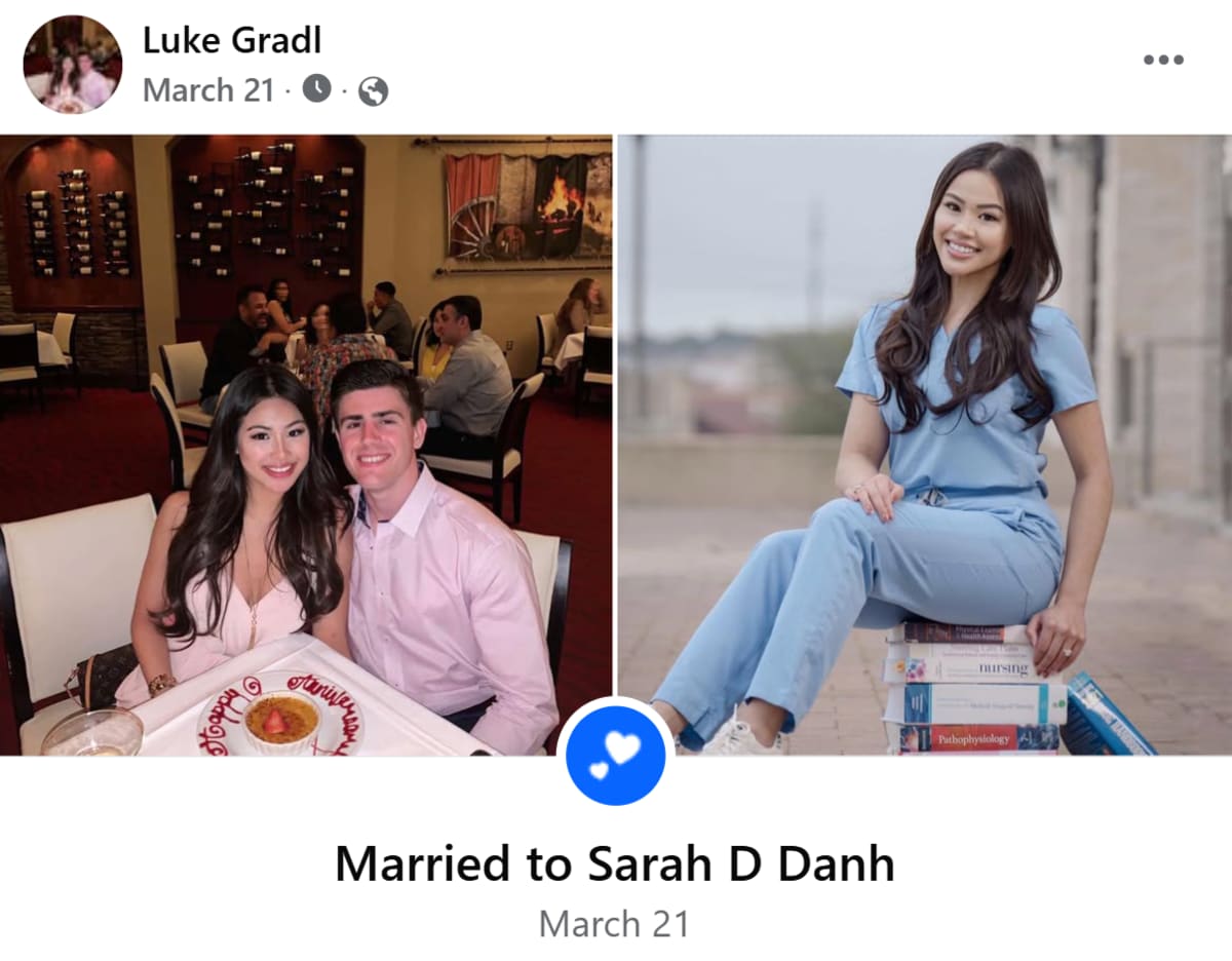 San Antonio nurse Sarah Danh with husband Luke Gradl on their wedding day before honeymoon health crisis