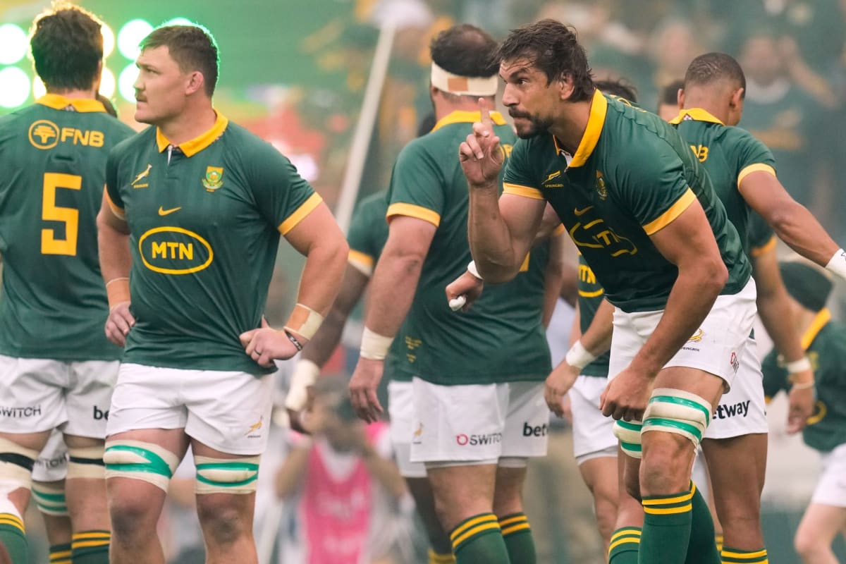** South African rugby lock Eben Etzebeth challenging opponent during international test match