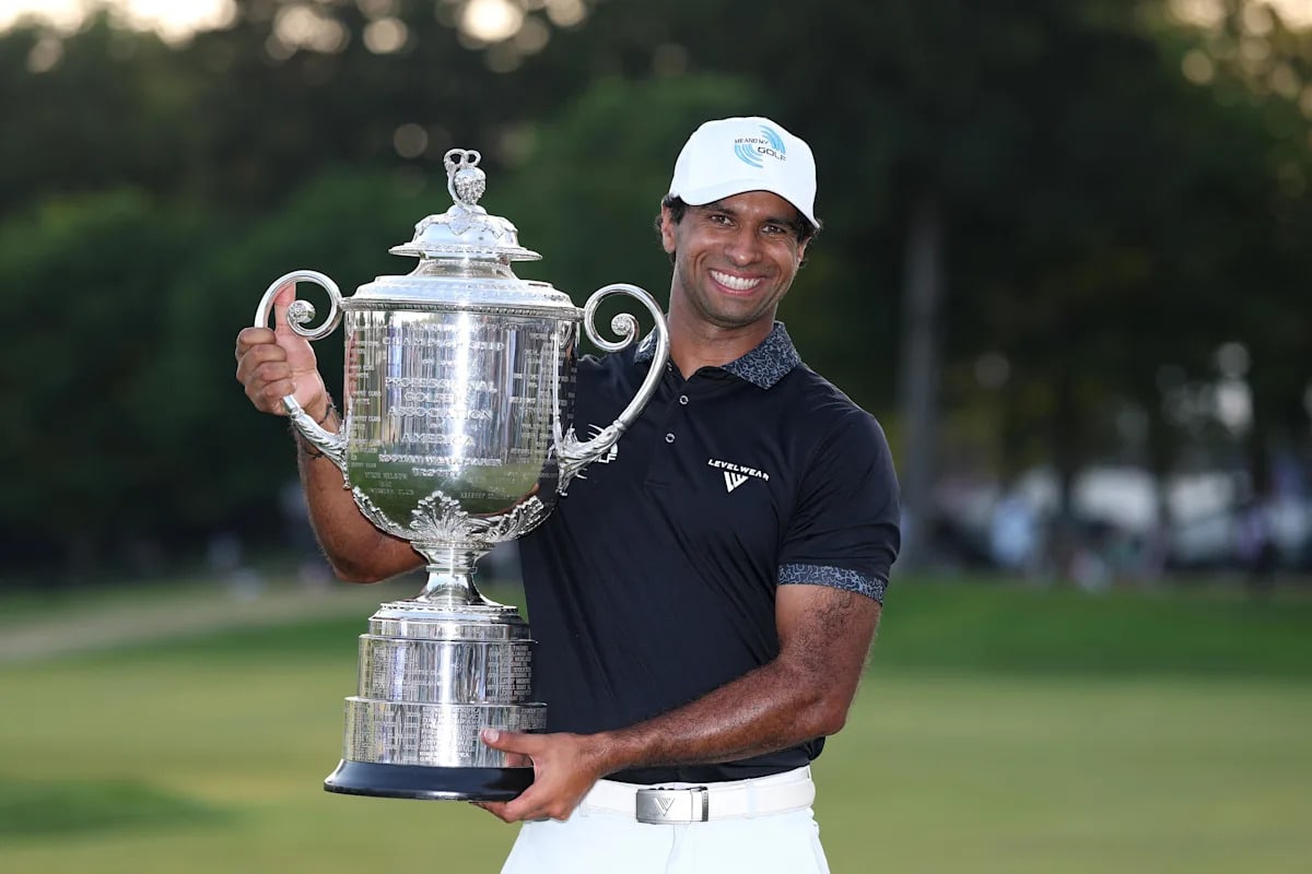 Aaron Rai of England holds the Wanamaker Trophy celebrating his PGA Championship victory