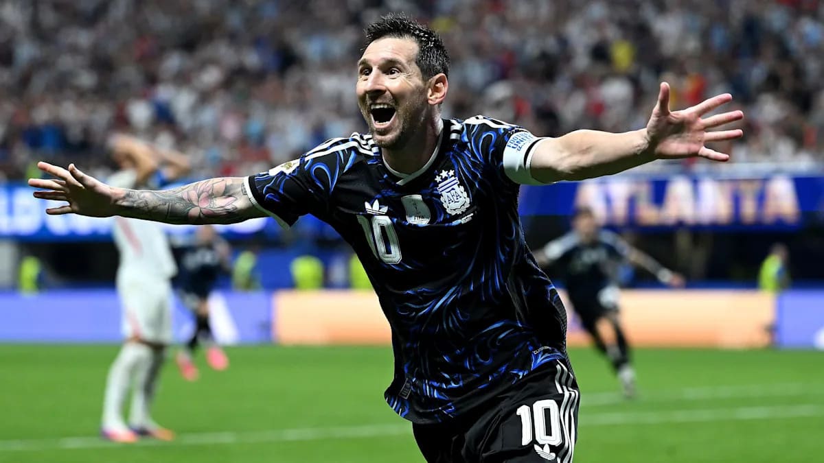 Lionel Messi in Argentina's blue and white jersey celebrating during 2026 World Cup action