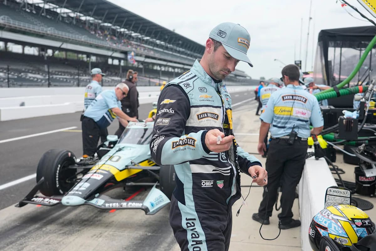 Alexander Rossi in race car during practice session at Indianapolis Motor Speedway oval track