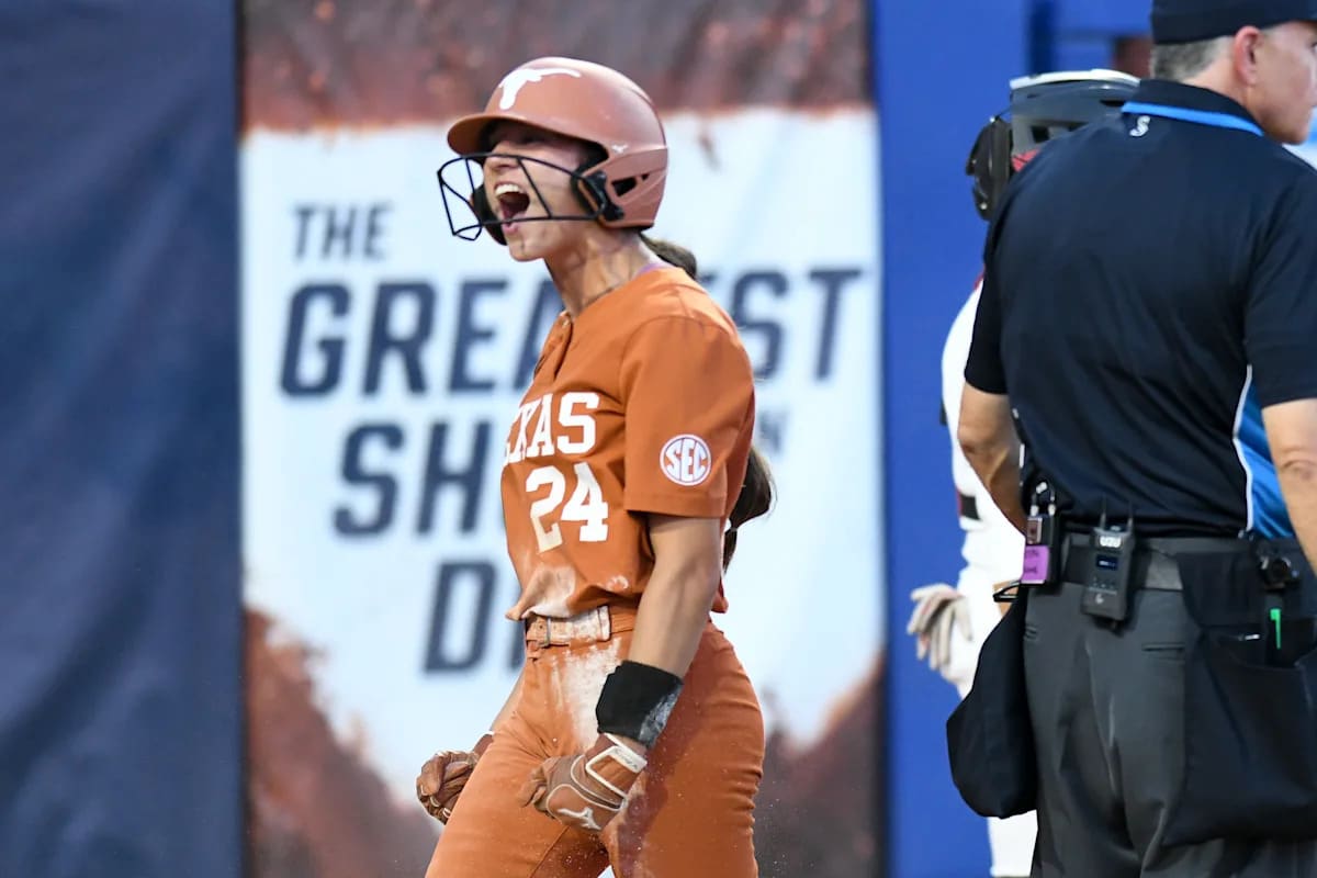 University of Texas softball team celebrates their second consecutive NCAA championship trophy in Oklahoma City
