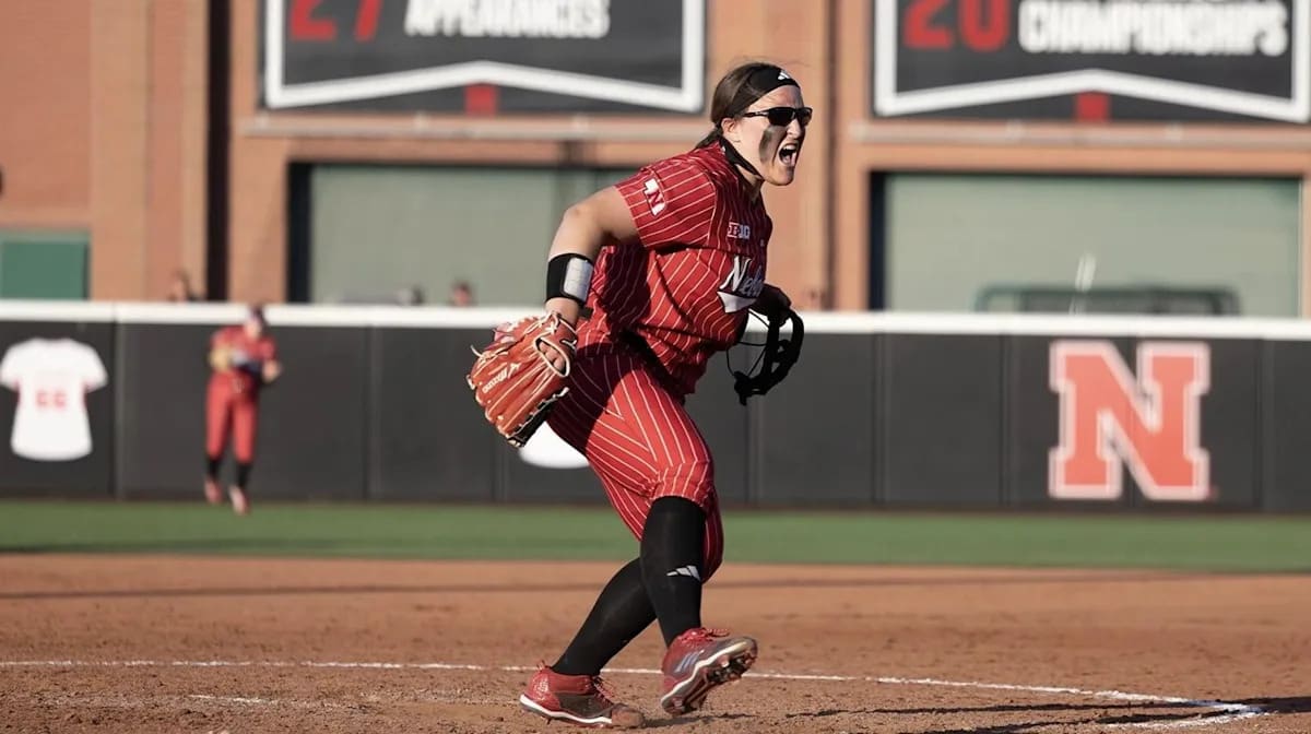 Nebraska Huskers softball pitcher Alexis Jensen winds up during regional championship game