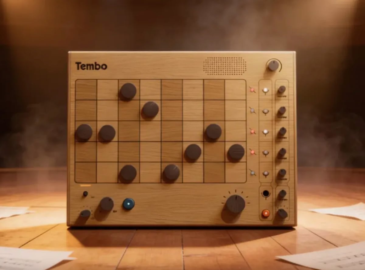 Wooden Tembo drum machine with colorful magnetic pucks arranged on sequencer board