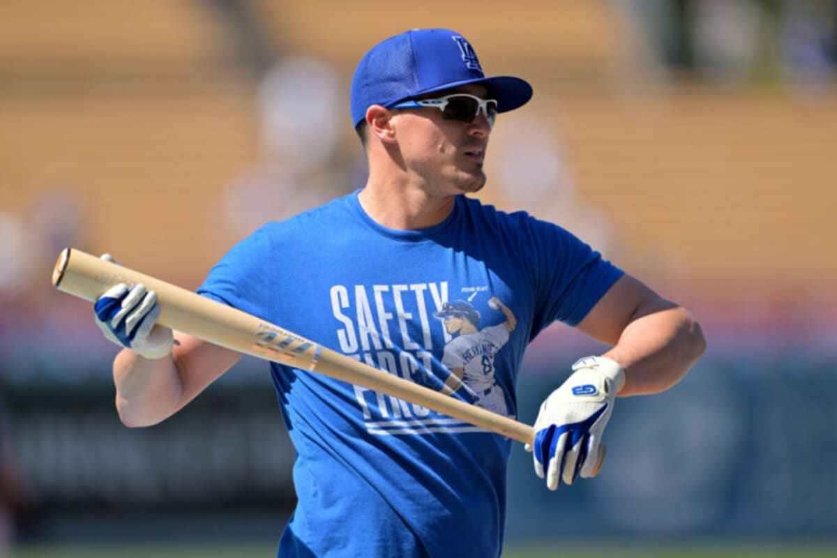 Kiké Hernandez in Los Angeles Dodgers uniform taking batting practice at Dodger Stadium